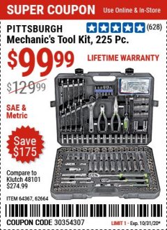 Harbor Freight Coupon 225 PIECE MECHANIC'S TOOL KIT Lot No. 64367/62664 Expired: 10/31/20 - $99.99