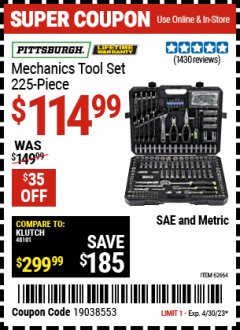 Harbor Freight Coupon 225 PIECE MECHANIC'S TOOL KIT Lot No. 64367/62664 Expired: 4/30/23 - $114.99