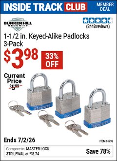 Harbor Freight ITC Coupon BUNKER HILL SECURITY 1-1/2 IN. KEYED-ALIKE PADLOCKS, 3-PACK Lot No. 61799 Dates Valid: 12/31/69 - 7/2/26 - $3.98