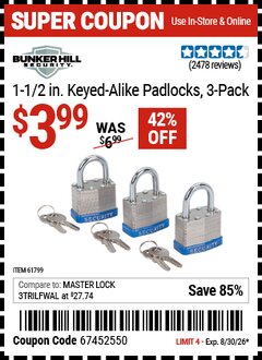 Harbor Freight Coupon BUNKER HILL SECURITY 1-1/2 IN. KEYED-ALIKE PADLOCKS, 3-PACK Lot No. 61799 Valid Thru: 8/30/26 - $3.99