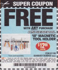 Harbor Freight FREE Coupon 18" MAGNETIC TOOL HOLDER Lot No. 65489/60433/61199/62178 Expired: 3/1/18 - FWP