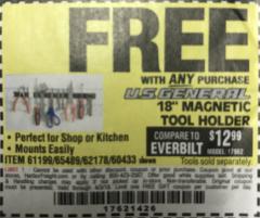 Harbor Freight FREE Coupon 18" MAGNETIC TOOL HOLDER Lot No. 65489/60433/61199/62178 Expired: 4/3/18 - FWP