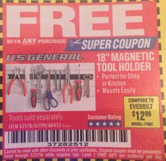 Harbor Freight FREE Coupon 18" MAGNETIC TOOL HOLDER Lot No. 65489/60433/61199/62178 Expired: 5/31/18 - FWP