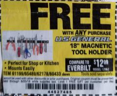 Harbor Freight FREE Coupon 18" MAGNETIC TOOL HOLDER Lot No. 65489/60433/61199/62178 Expired: 6/25/18 - FWP