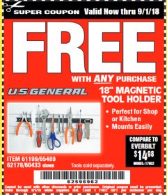 Harbor Freight FREE Coupon 18" MAGNETIC TOOL HOLDER Lot No. 65489/60433/61199/62178 Expired: 9/1/18 - FWP