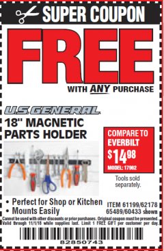 Harbor Freight FREE Coupon 18" MAGNETIC TOOL HOLDER Lot No. 65489/60433/61199/62178 Expired: 11/1/18 - FWP