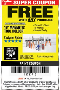 Harbor Freight FREE Coupon 18" MAGNETIC TOOL HOLDER Lot No. 65489/60433/61199/62178 Expired: 11/4/18 - FWP