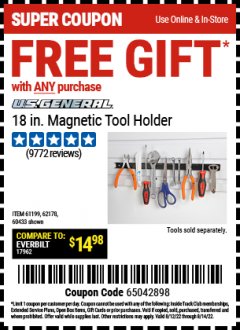 Harbor Freight FREE Coupon 18" MAGNETIC TOOL HOLDER Lot No. 65489/60433/61199/62178 Expired: 8/14/22 - FWP