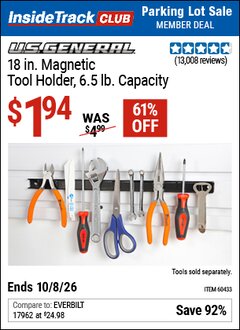 Harbor Freight ITC Coupon U.S. GENERAL 18 IN. MAGNETIC TOOL HOLDER Lot No. 60433/61199 Expired: 10/8/26 - $1.94