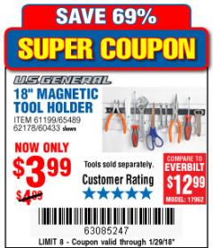Harbor Freight Coupon 18" MAGNETIC TOOL HOLDER Lot No. 65489/60433/61199/62178 Expired: 1/29/18 - $3.99