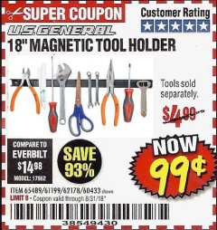 Harbor Freight Coupon 18" MAGNETIC TOOL HOLDER Lot No. 65489/60433/61199/62178 Expired: 7/31/18 - $0.99