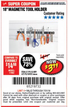 Harbor Freight Coupon 18" MAGNETIC TOOL HOLDER Lot No. 65489/60433/61199/62178 Expired: 7/31/18 - $3.99
