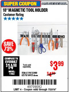 Harbor Freight Coupon 18" MAGNETIC TOOL HOLDER Lot No. 65489/60433/61199/62178 Expired: 7/23/18 - $3.99