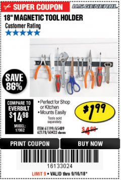Harbor Freight Coupon 18" MAGNETIC TOOL HOLDER Lot No. 65489/60433/61199/62178 Expired: 9/16/18 - $1.99