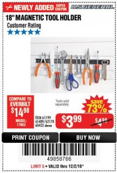 Harbor Freight Coupon 18" MAGNETIC TOOL HOLDER Lot No. 65489/60433/61199/62178 Expired: 12/2/18 - $3.99