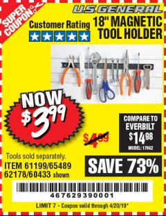 Harbor Freight Coupon 18" MAGNETIC TOOL HOLDER Lot No. 65489/60433/61199/62178 Expired: 4/20/19 - $3.99