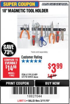 Harbor Freight Coupon 18" MAGNETIC TOOL HOLDER Lot No. 65489/60433/61199/62178 Expired: 3/31/19 - $3.99