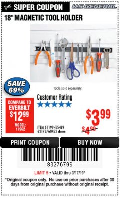 Harbor Freight Coupon 18" MAGNETIC TOOL HOLDER Lot No. 65489/60433/61199/62178 Expired: 3/17/19 - $3.99