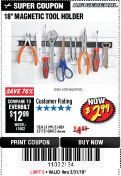 Harbor Freight Coupon 18" MAGNETIC TOOL HOLDER Lot No. 65489/60433/61199/62178 Expired: 3/31/19 - $2.99