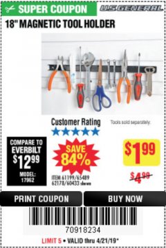 Harbor Freight Coupon 18" MAGNETIC TOOL HOLDER Lot No. 65489/60433/61199/62178 Expired: 4/21/19 - $1.99