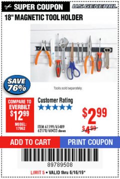 Harbor Freight Coupon 18" MAGNETIC TOOL HOLDER Lot No. 65489/60433/61199/62178 Expired: 6/16/19 - $2.99