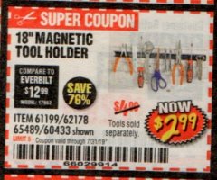 Harbor Freight Coupon 18" MAGNETIC TOOL HOLDER Lot No. 65489/60433/61199/62178 Expired: 7/31/19 - $2.99