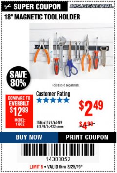 Harbor Freight Coupon 18" MAGNETIC TOOL HOLDER Lot No. 65489/60433/61199/62178 Expired: 8/25/19 - $2.49