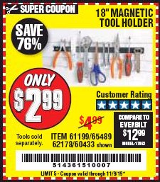 Harbor Freight Coupon 18" MAGNETIC TOOL HOLDER Lot No. 65489/60433/61199/62178 Expired: 11/9/19 - $2.99