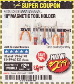 Harbor Freight Coupon 18" MAGNETIC TOOL HOLDER Lot No. 65489/60433/61199/62178 Expired: 11/30/19 - $2.99