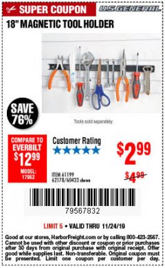 Harbor Freight Coupon 18" MAGNETIC TOOL HOLDER Lot No. 65489/60433/61199/62178 Expired: 11/24/19 - $2.99