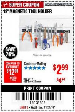 Harbor Freight Coupon 18" MAGNETIC TOOL HOLDER Lot No. 65489/60433/61199/62178 Expired: 11/24/19 - $2.99