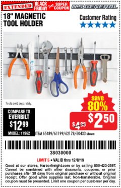 Harbor Freight Coupon 18" MAGNETIC TOOL HOLDER Lot No. 65489/60433/61199/62178 Expired: 12/8/19 - $2.5
