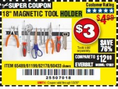 Harbor Freight Coupon 18" MAGNETIC TOOL HOLDER Lot No. 65489/60433/61199/62178 Expired: 1/3/20 - $3