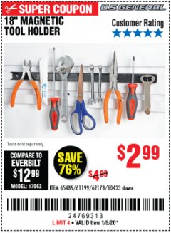 Harbor Freight Coupon 18" MAGNETIC TOOL HOLDER Lot No. 65489/60433/61199/62178 Expired: 1/5/20 - $2.99