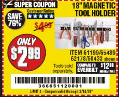 Harbor Freight Coupon 18" MAGNETIC TOOL HOLDER Lot No. 65489/60433/61199/62178 Expired: 3/14/20 - $2.99