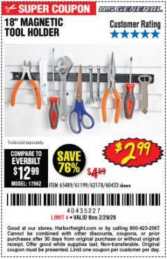 Harbor Freight Coupon 18" MAGNETIC TOOL HOLDER Lot No. 65489/60433/61199/62178 Expired: 2/29/20 - $2.99