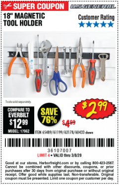 Harbor Freight Coupon 18" MAGNETIC TOOL HOLDER Lot No. 65489/60433/61199/62178 Expired: 2/8/20 - $2.99