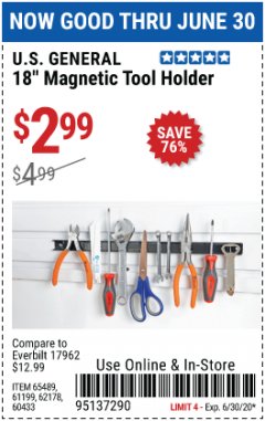Harbor Freight Coupon 18" MAGNETIC TOOL HOLDER Lot No. 65489/60433/61199/62178 Expired: 6/30/20 - $2.99