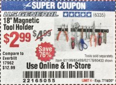 Harbor Freight Coupon 18" MAGNETIC TOOL HOLDER Lot No. 65489/60433/61199/62178 Expired: 7/18/20 - $2.99