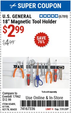 Harbor Freight Coupon 18" MAGNETIC TOOL HOLDER Lot No. 65489/60433/61199/62178 Expired: 7/15/20 - $2.99