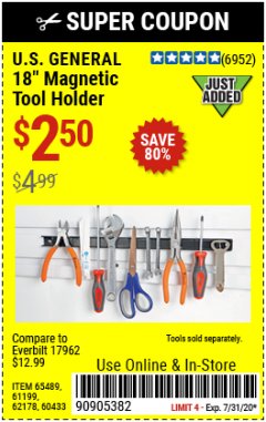 Harbor Freight Coupon 18" MAGNETIC TOOL HOLDER Lot No. 65489/60433/61199/62178 Expired: 7/31/20 - $2.5