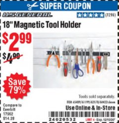 Harbor Freight Coupon 18" MAGNETIC TOOL HOLDER Lot No. 65489/60433/61199/62178 Expired: 12/15/20 - $2.99