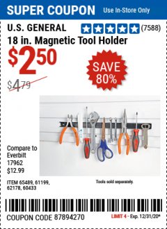 Harbor Freight Coupon 18" MAGNETIC TOOL HOLDER Lot No. 65489/60433/61199/62178 Expired: 12/31/20 - $2.5