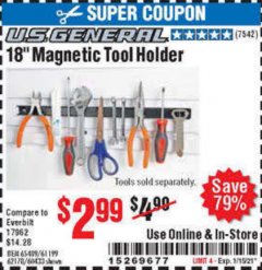 Harbor Freight Coupon 18" MAGNETIC TOOL HOLDER Lot No. 65489/60433/61199/62178 Expired: 1/15/21 - $2.99