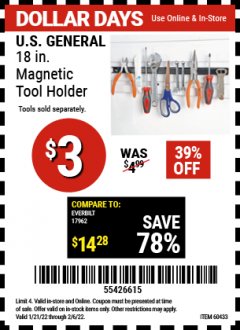 Harbor Freight Coupon 18" MAGNETIC TOOL HOLDER Lot No. 65489/60433/61199/62178 Expired: 2/6/22 - $3