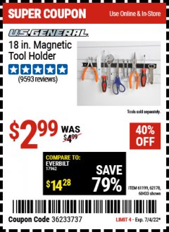 Harbor Freight Coupon 18" MAGNETIC TOOL HOLDER Lot No. 65489/60433/61199/62178 Expired: 7/4/22 - $2.99