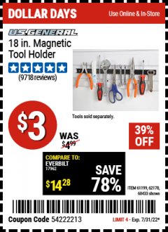 Harbor Freight Coupon 18" MAGNETIC TOOL HOLDER Lot No. 65489/60433/61199/62178 Expired: 7/31/22 - $3