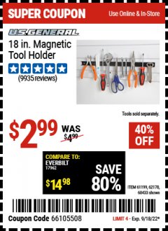 Harbor Freight Coupon 18" MAGNETIC TOOL HOLDER Lot No. 65489/60433/61199/62178 Expired: 9/18/22 - $2.99