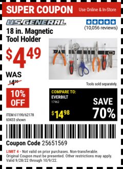 Harbor Freight Coupon 18" MAGNETIC TOOL HOLDER Lot No. 65489/60433/61199/62178 Expired: 10/9/22 - $4.49