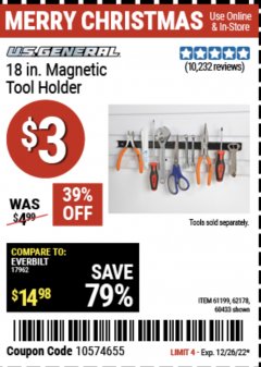 Harbor Freight Coupon 18" MAGNETIC TOOL HOLDER Lot No. 65489/60433/61199/62178 Expired: 12/26/22 - $3